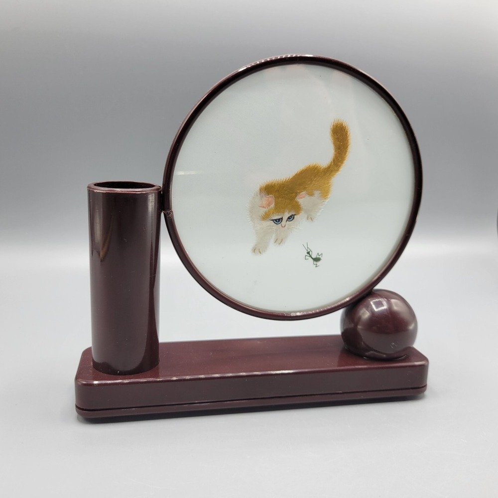 Vintage Unique Brown Desktop Pen Holder Embroidered Cat & Ant Design Plastic